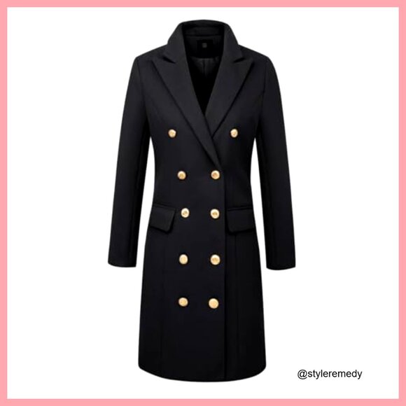 Long Wool Pea Coat Double Breasted Knee Length Office Work Coat - Picture 3 of 7